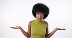 Black woman, clueless and question with palm for decision, choice or options on a white studio background. Portrait of young African or female person with afro or hands out for unsure, doubt or offer