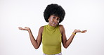 Black woman, question and options with palm for decision, choice or selection on a white studio background. Portrait of young African, clueless female person or afro with hands out, unsure or doubt