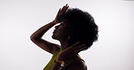 Beauty, afro hair and black woman in studio for natural cosmetics, wellness and scalp hydration results on white background. Haircare, texture and African girl model with shine, growth and pride