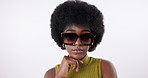 Fashion, sunglasses and face of black woman in studio for cool trend, confidence and unique aesthetic on white background. Frame, portrait and gen z model with edgy outfit, clothes or style choice