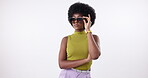 Black woman, afro and sunglasses for fashion in studio on isolated white background with fun. Female person, arms crossed and confident in trendy or colorful style, summer clothes and designer brand