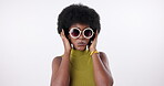 Black woman, smile and sunglasses for fashion in studio on isolated white background with fun. Female person, smile and confident in trendy or colorful style, summer clothes and designer brand