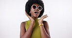 Black woman, happy and sunglasses for fashion in studio on isolated white background with fun. Female person, smile and confident in trendy or colorful style, summer clothes and designer brand