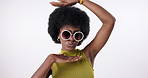 Fashion, face and black woman with sunglasses or hands frame in studio isolated on white background. Portrait, shades or cool African person with style or trendy accessory of confident model in Kenya