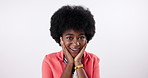 Wow, shock and hands on face of black woman in studio with surprise news announcement on white background. Omg, open mouth and African girl with emoji, expression or gesture for unexpected info
