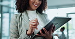 Woman, tablet and pen in working office for website development, employee with stylus for design. Female person, company and ebook with drawing software for creative career, internet app for business