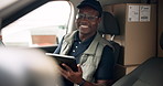 Tablet, boxes and face of delivery man in van for logistics, freight or distribution with b2c information. Package, portrait and African courier with digital technology for supply chain inventory.