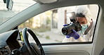 Forensic photographer, person and car for police in street for inspection, analysis and evidence for crime. Man, camera and road for investigation, accident or ppe by stolen vehicle in New Orleans