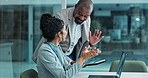 Business, high five and employees with celebration, achievement or success in office. Mentor, man and woman with gesture for victory, winning or motivation for kpi goals, target profit or support