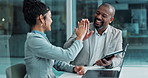 Business people, technology and discussion in office with high five for successful brainstorming and team achievement. Man, woman and online with hand gesture for celebration of solution and target.