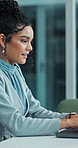Businesswoman, laptop and typing in workplace for research on proposal, thinking for company pitch. Female accountant, planning and computer for budget strategy, commitment to financial wellness