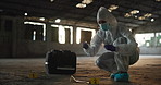 Swab, crime scene and person with evidence for investigation, inspection and forensic analysis. Hazmat suit, police tape and investigator with sample for criminal clues, accident and observation