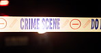 Crime scene, night and ribbon with tape for investigation, police evidence or murder in city. Closeup of siren vehicle with lights for inspection, observation or mystery case with sign or keep out