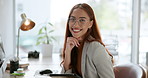 Smile, tablet and portrait of woman at desk with computer, glasses and confidence at HR agency. Business advisor, project manager or human resources consultant with digital app for office management