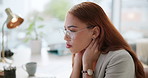 Neck pain, stress and woman with glasses in office frustrated by deadline, pressure and joint discomfort. Anatomy, burnout or girl manager online overwhelmed by schedule error, glitch or 404 disaster