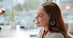 Business woman, consultant and call center with headphones for telemarketing, customer service or advice at office. Happy female person or agent talking with mic for online assistance at workplace