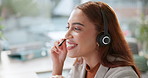 Happy woman, call center and consulting with headphones for customer service or advice at office. Female person, consultant or agent talking on mic for online assistance or virtual help at workplace