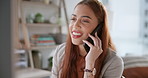 Happy woman, phone call and discussion with proposal for creative startup, advice or online assistance at office. Young female person or business consultant talking on mobile smartphone at workplace