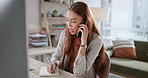 Business woman, phone call and discussion with notebook for reminder, schedule or information at office. Young female person or consultant talking on mobile smartphone and taking notes at workplace