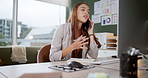 Woman, phone call and writing in office at startup with discussion, negotiation and notes on schedule. Person, secretary and notebook with questions for information, planning and reminder for meeting