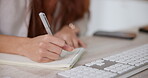 Business, woman and hands with writing in notebook for planning, checklist or calendar schedule at desk. Employee, person and journal for notes, agenda or brainstorming for creative ideas in office