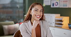 Happy, office and portrait of woman at desk with confidence, project management and stats at sales agency. Business advisor, planner or proud consultant with smile, data analysis and administration