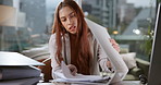 Woman, secretary and folder with search for paperwork with reading, thinking and frustrated with admin at startup. Person, documents and file in modern office, confused or check for report in Mexico