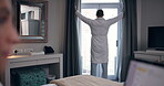 Back, man and open curtain in bedroom of home for wake up, morning routine and fresh air in robe. Person, new day and drapes of window in hotel for daylight, getting ready and view of accommodation