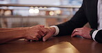 Happy couple, holding hands and dinner date in relationship for romantic, connection and together. Married people, romance and affection in love, celebration and anniversary at restaurant for bonding