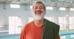 Pool, smile and portrait of old man, towel and happy for learning in class of swimming and gym. Training, healthy and fitness for elderly person in retirement, joy and exercise with water for cardio