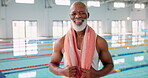 Pool, confident and portrait of senior black man and happy for learning in class of swimming and gym. Training, healthy and fitness for old person in retirement, joy or exercise with water for cardio