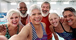 Pool, elderly and senior people, selfie and happy for learning in class of swimming and gym. Training, healthy and fitness for old friends in retirement, cardio and joy of exercise with water