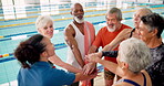 Pool, group and senior people, hands and happy for learning in class of swimming and gym. Training, healthy and fitness for old friends in retirement, cardio and joy of exercise in water with trainer