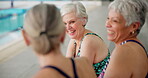 Pool, laughing senior people, talking and happy for learning in class of swimming and gym. Workout, healthy and fitness of old friends in retirement, cardio and listening to conversation and water