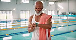 Healthy, old man and smile for fitness, pool and timer for swimming in water, workout and happiness. Watch, joy and ready for exercise, towel and tech for training and cardio for senior person