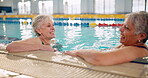 Pool, swimming and senior people, conversation and happy for learning in class of fitness. Workout, healthy and exercise of old friends in retirement, cardio and listening in water and talking