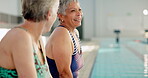 Pool, swimming and senior people, friends and happy for learning in class of fitness with conversation. Workout, healthy and exercise of old women in retirement, cardio and listen in water and talk