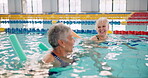 Pool, swimming and senior people, talking and happy for learning in class of fitness. Workout, healthy and exercise of old friends in retirement, cardio and listening to conversation and water