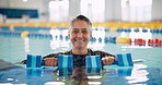 Dumbbell, fitness and portrait of happy woman in swimming pool for exercise, health or strong muscle. Weight, water or face of mature person in aerobics class for physical therapy, sports or laughing