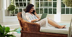 Laugh, phone call and conversation and outside for relax, outside or laptop for blog post online. Technology, pool or partnership with spa for internet influencer, network or travel content creator