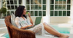 Cocktail, laptop and relax with woman poolside at hotel for accommodation or hospitality on holiday. Computer, drink and smile with happy tourist at luxury lodge or resort for travel and vacation