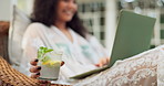 Woman, relax and drinks at hotel spa for holiday, happiness and cheers with glass, alcohol and smile. Female person, peace and gin cocktail at luxury resort for vacation, wellness and travel to Bali