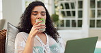 Woman, relax and drink at hotel pool for holiday, happy and smile with glass, alcohol and laptop. Girl, break and gin cocktail at luxury resort for vacation, wellness and travel with tech in Portugal