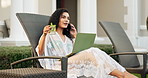 Phone call, laptop and woman with drink outdoor for remote work with travel for digital nomad. Computer, cocktail and lifestyle content writer for blogging, communication and relaxing at resort.