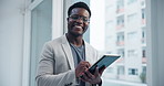 Office, window and portrait of black man with tablet for online schedule, agenda and confidence at agency. Smile, connection and happy consultant with digital app for web report, review or feedback