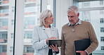 Mature, man and woman with tablet for business discussion, compliance report and schedule or customer feedback. Corporate, managers and technology for online employee performance and sales targets.