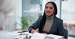 Business plan, woman or talking in meeting for paperwork, documents or project collaboration. Funding, brief or female entrepreneur speaking to investor in discussion for feedback, planning or report