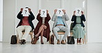 Business people, row and waiting room with question icon for career or job opportunity at office. Portrait of group, employees or interns in line with symbol for choice, pick or decision in hiring