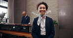 Portrait, woman and happy as hotel receptionist with confidence or pride for career growth and opportunity. Female person, employee and smile in help desk for help, support and hospitality service