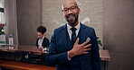 Portrait, black man and happy as hotel manager with confidence or pride for career growth and opportunity. Leader, boss and smile in help desk lobby in help, support and hospitality service or escort